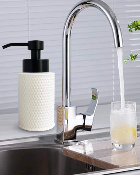 10 Oz Foaming Soap Dispenser for Bathroom,Kitchen Foam Soap Dispenser,Refillable Modern Foam Pump Bottle,Black Ceramic Foaming Hand Pump Dispenser (White Weave)