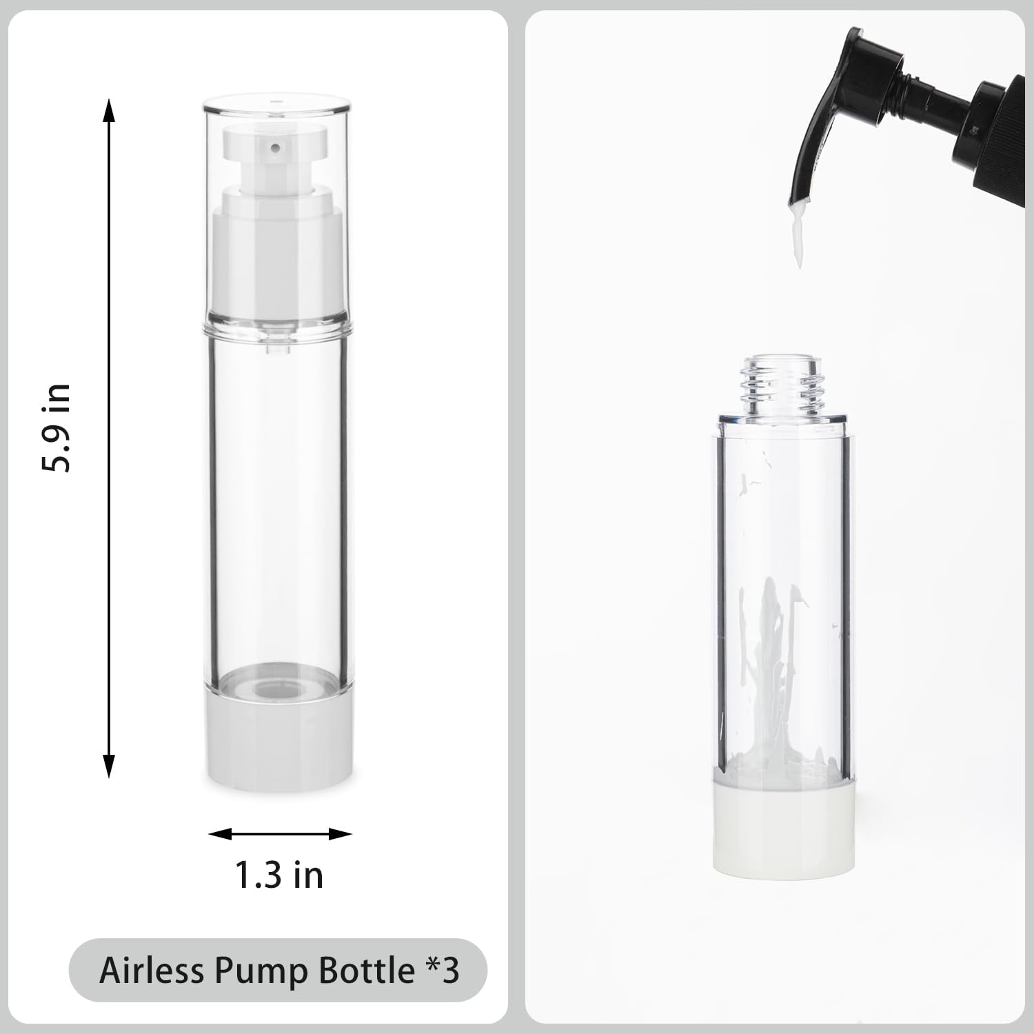 1.7OZ/50ML Clear Airless Pump Bottles, Lotion Dispenser Travel with Pump, Vacuum Plastic Travel Size Lotion Bottle for Foundation, Creams, Cosmetic(3 Pack)
