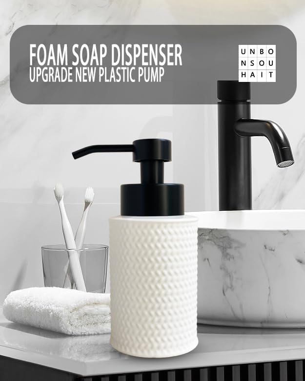10 Oz Foaming Soap Dispenser for Bathroom,Kitchen Foam Soap Dispenser,Refillable Modern Foam Pump Bottle,Black Ceramic Foaming Hand Pump Dispenser (White Weave)