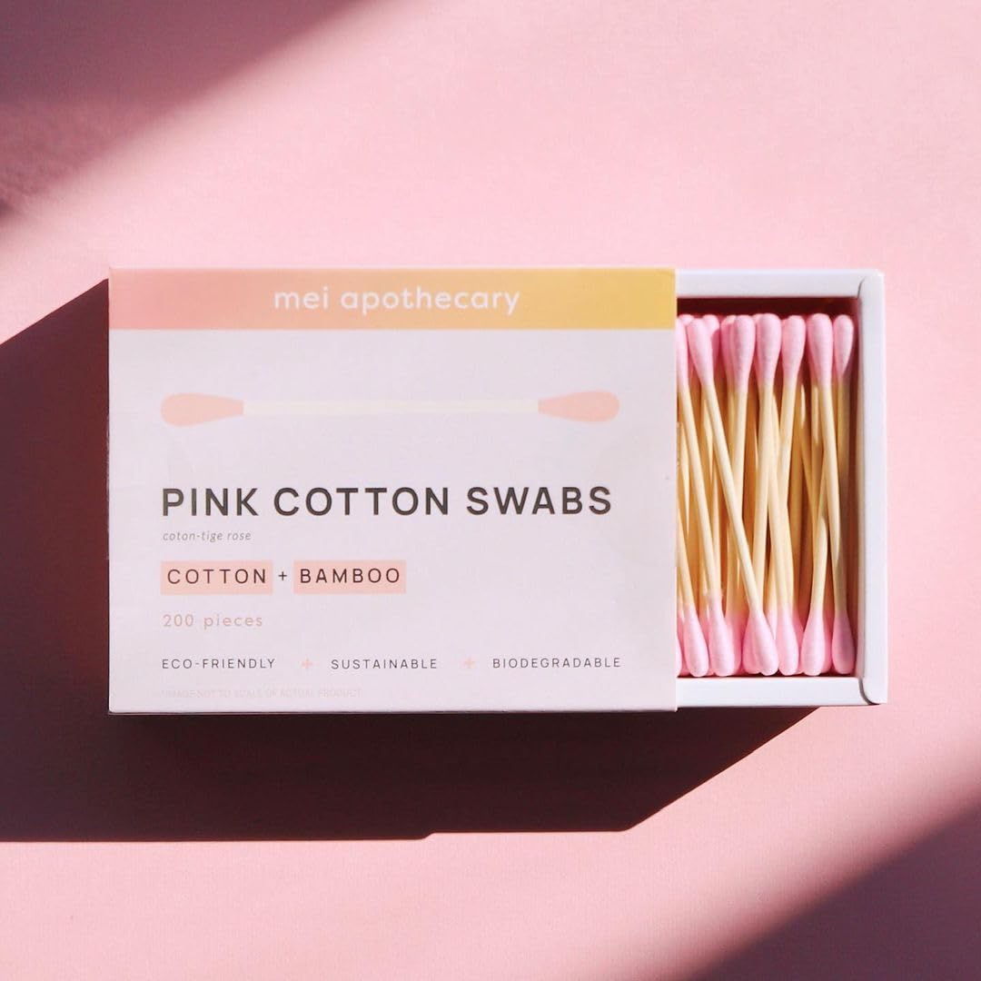 Mei Apothecary Premium Biodegradable Bamboo Cotton Swabs, Double-Tip Makeup Remover & Multi-Use Pink Cotton Buds, Pack of Multiple Pieces