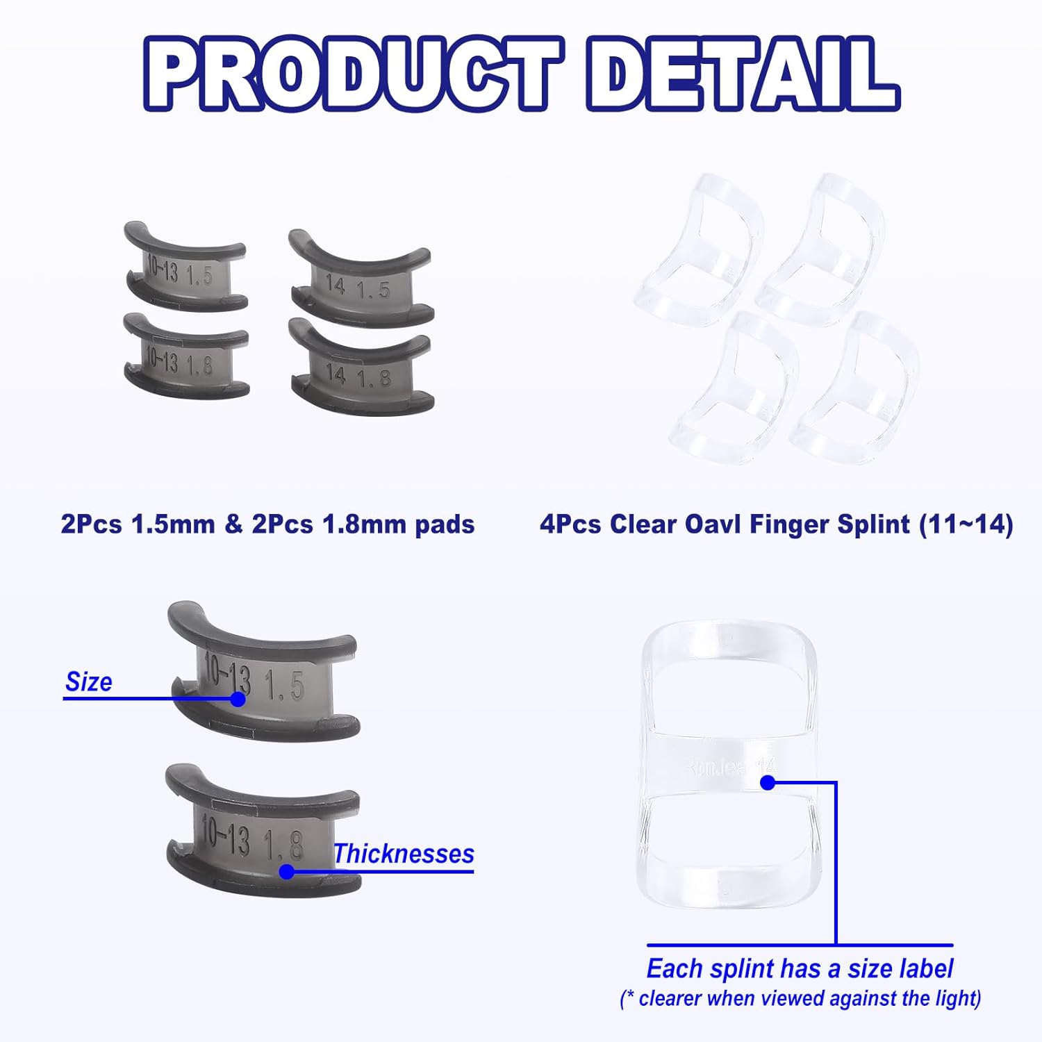 8Pcs Clear Oval Finger Splints & Click-Lock Adjustment Kit, 4 Graduated Finger Ring Splint & 4 Splint Adjustment, Finger Braces for Arthritis, Mallet, Straightening, Support (Size 11-14)
