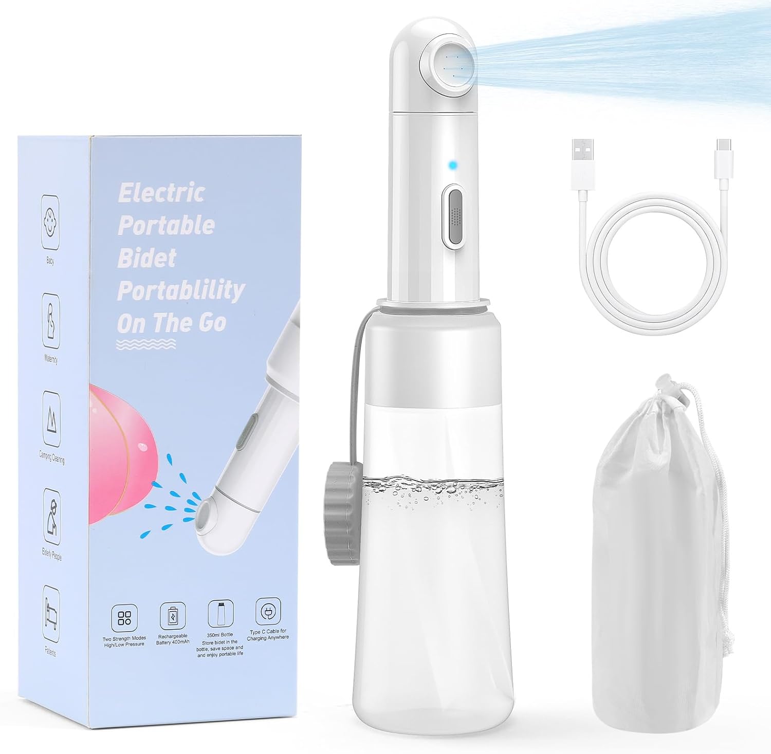 Portable Bidet for Travel, Rechargeable Electric Handheld Bidets with 2 Spray Modes - IPX7 Waterproof, 350 ML Travel Bidet for Women Men Baby Cleaning