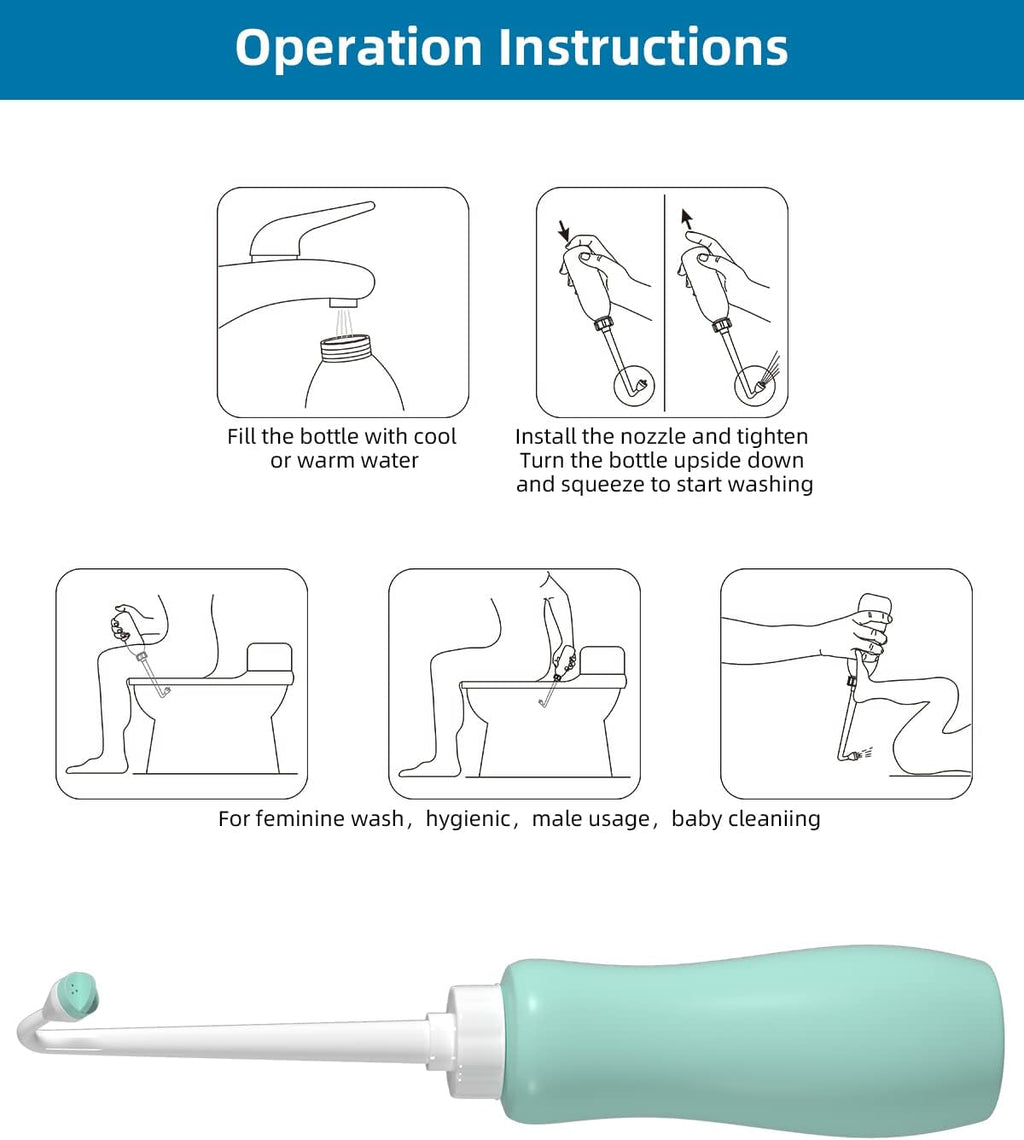 Hibbent Portable Bidet Sprayer and Travel Bidet with Hand Held Bottle for Personal Cleansing, Extended Nozzle Spray for Childbirth, Personal Hygiene, Outdoor, Camping with Travel Bag- 22oz/ Green