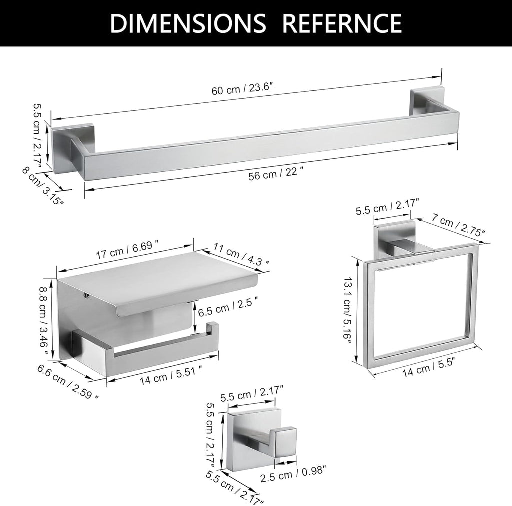Brushed Nickel Bathroom Towel Bar Set Bathroom Accessories Hardware Set Including Towel Bar Towel Ring Coat Hook and Toilet Paper Holder with Shelf. Wall Mounted Stainless Steel