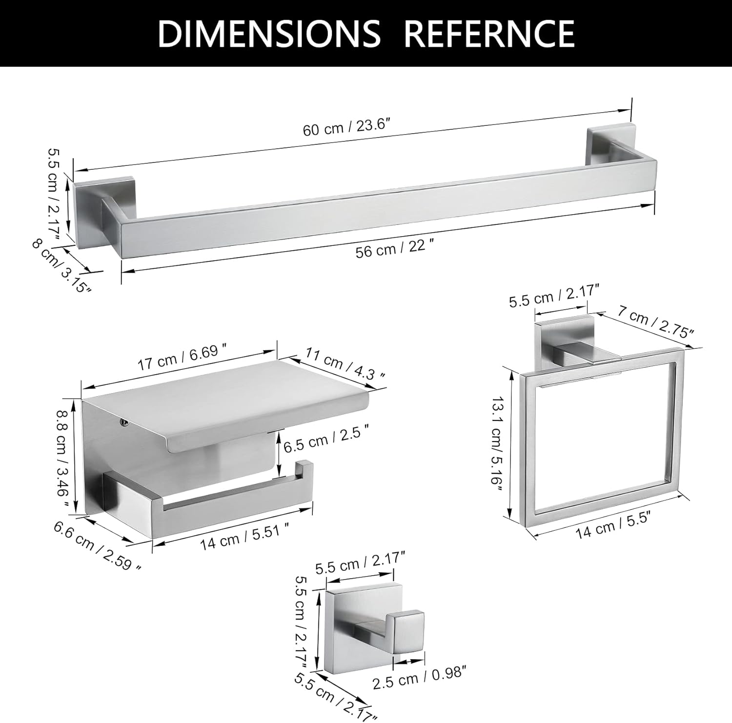 Brushed Nickel Bathroom Towel Bar Set Bathroom Accessories Hardware Set Including Towel Bar Towel Ring Coat Hook and Toilet Paper Holder with Shelf. Wall Mounted Stainless Steel
