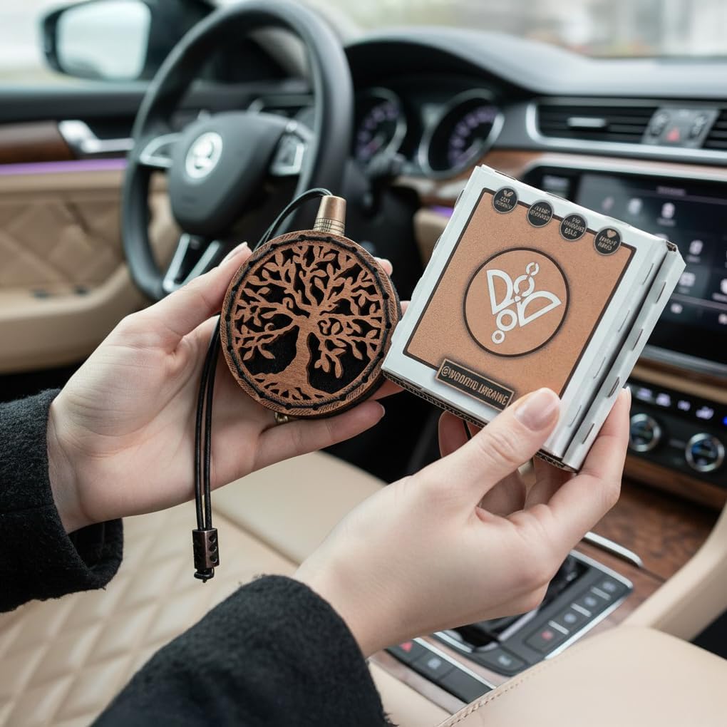 Wood Car Air Freshener — Tree Of Life Handmade Unscented DIY Essential Oil Hanging Diffuser with Felt Insert — Add Your Own Oils — Refillable — Car/Truck/SUV — Cardboard Box