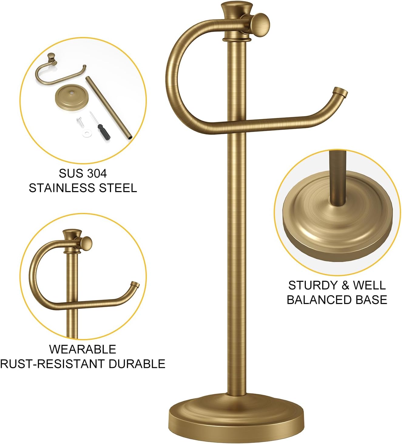 BESy 17 Inch Antique Brass Stand Towel Bar Hanger Hand Towel Bar Bathroom Vanity Countertop Towel Holder Free Standing Stainless Steel Towel Ring Hardware Accessories Towel Rack