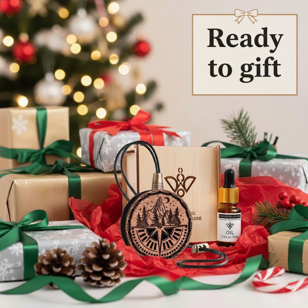 Wood Car Air Freshener — Handmade Car Air Freshener — Compass Mountains Designed Fragrance Oil Diffuser in Wooden Gift Box — Aromatherapy Set with Mountain Rain Fragrance Oil - 10 ml