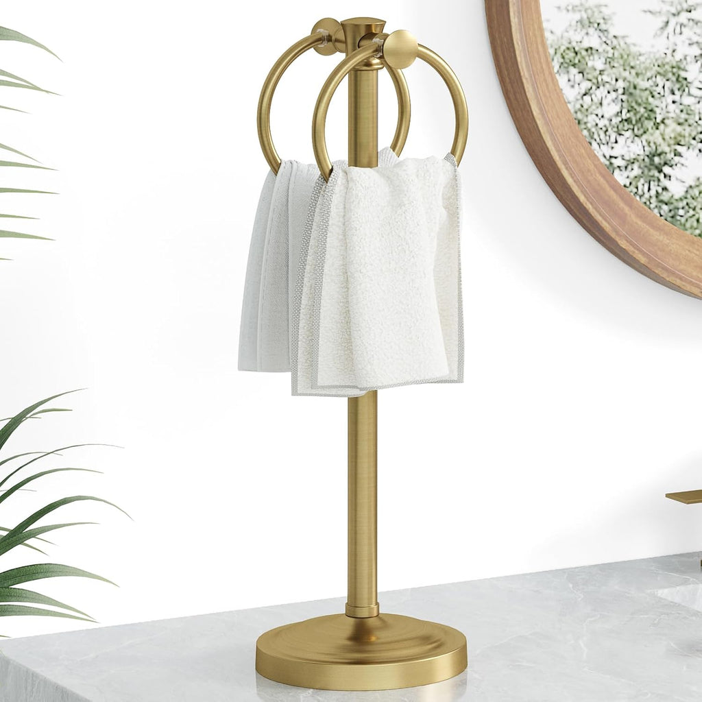 Hoimpro 17" Brushed Gold Free Standing Towel Rack Bracket, Double Towel Ring Hand Towel Stand Holder, Bathroom Hardware Accessories Set Towel Bar for Bathroom Vanities and Kitchen Countertops