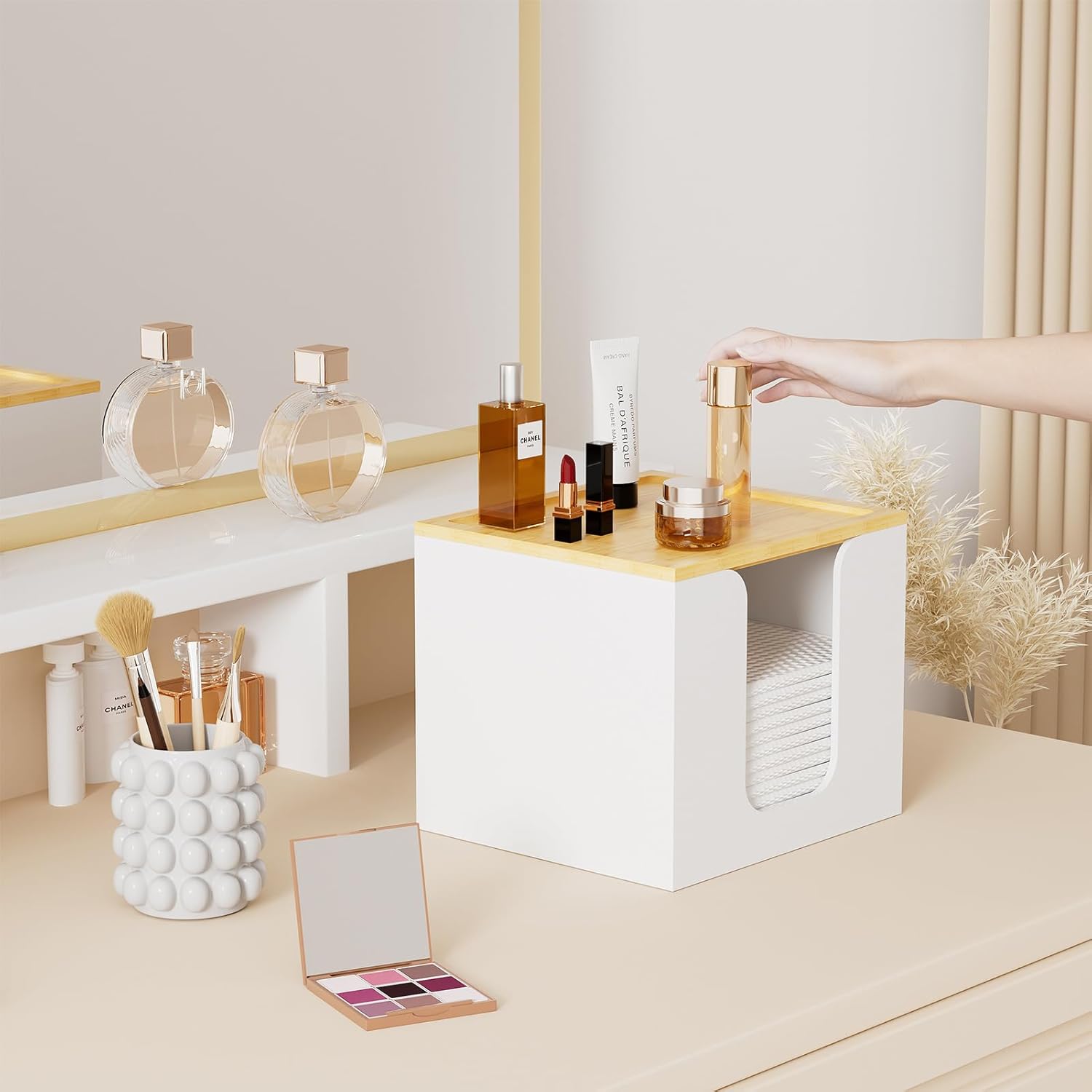 VITVITI Disposable Face Towel Holder Box, Acrylic Facial Towel Container for XL Clean Skin Club, Large Disposable Face Towels Storage with Bamboo Lid, for Bathroom, Vanity Makeup, White