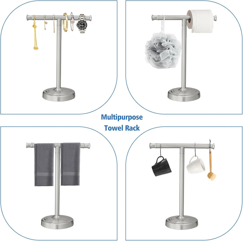 RUMOSE 13 Inch Brushed Nickel Towel Stand Hand Towel Holder Bathroom Kitchen Vanity Countertop T-Shape Towel Rack Free Standing Stainless Steel Towel Bar Towel Ring