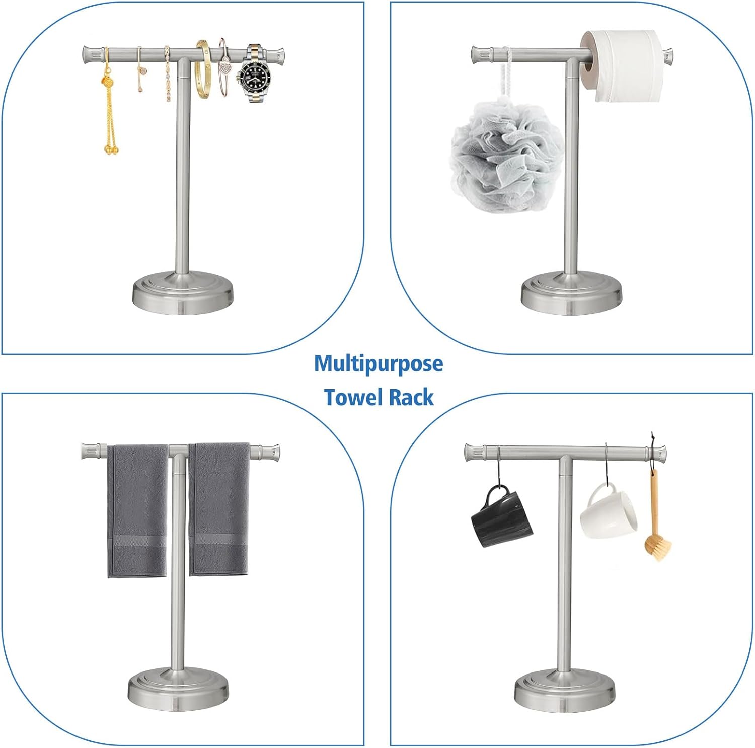 RUMOSE 13 Inch Brushed Nickel Towel Stand Hand Towel Holder Bathroom Kitchen Vanity Countertop T-Shape Towel Rack Free Standing Stainless Steel Towel Bar Towel Ring