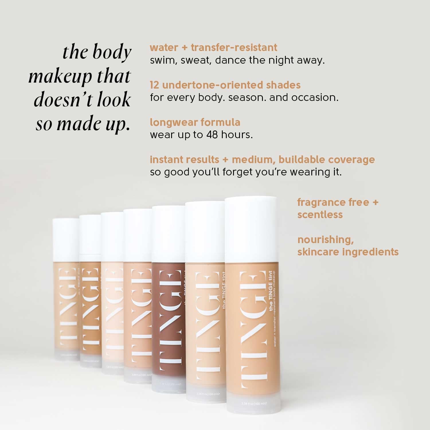 Tinge Tint Body Makeup, Lasts Up to 48 Hours, Medium Coverage Cream With Amino Acids, Hyaluronic Acid & Lysine, Semi Matte Finish, Water & Transfer Resistant, 3.38 Fl Oz - Deep Warm
