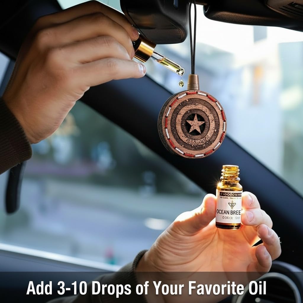Wood Car Air Freshener — Handmade Car Air Freshener — Captain Shield Designed Fragrance Oil Diffuser in Wooden Gift Box — Aromatherapy Gift Set with Coffee Beans Fragrance Oil - 10 ml