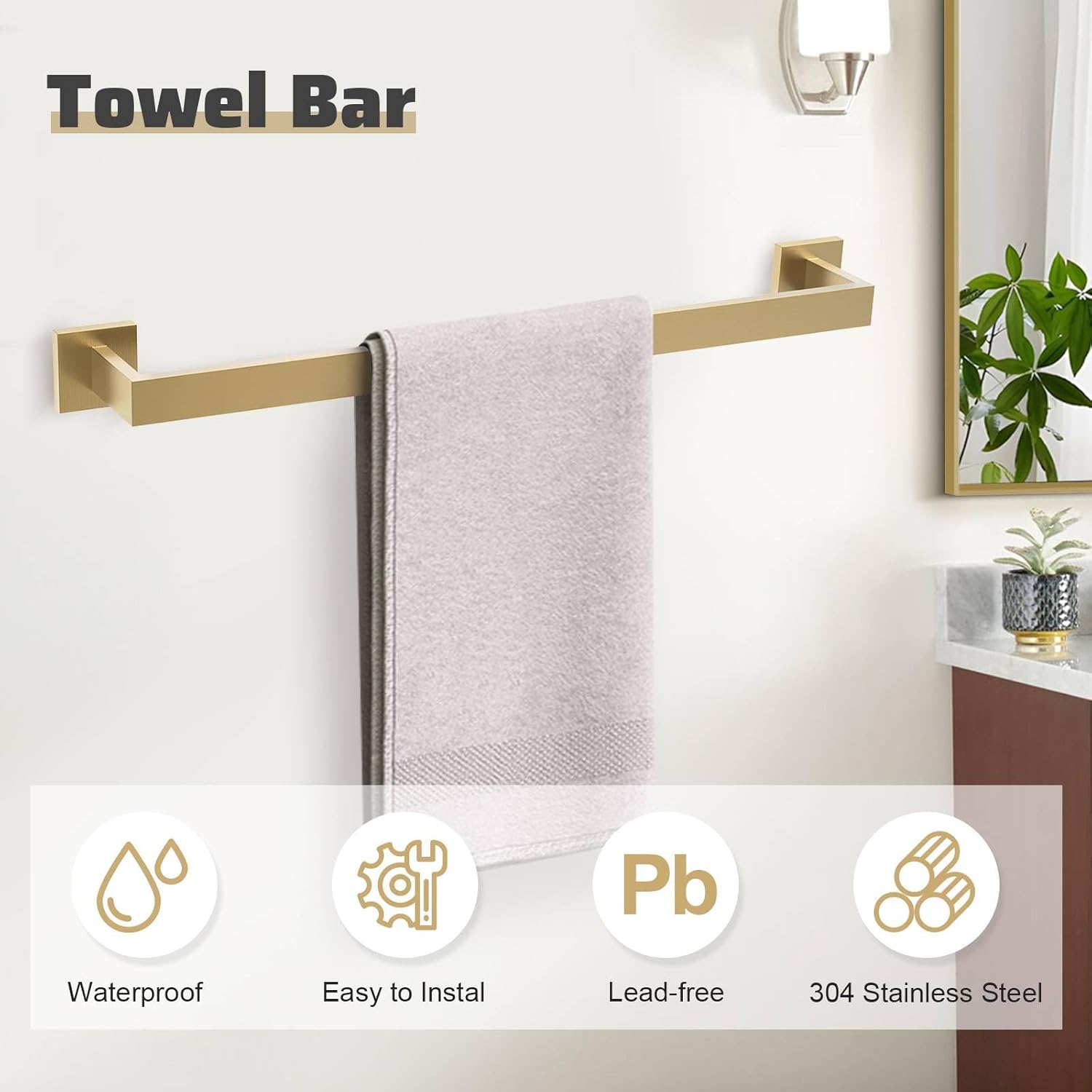TNOMS 5-Piece Towel Bar Set Brushed Gold Bathroom Hardware Accessories Set Includes Upgraded Double Base Toilet Paper Holder,Modern Square Towel Holder Set Stainless Steel Wall Mount 23.6 Inch