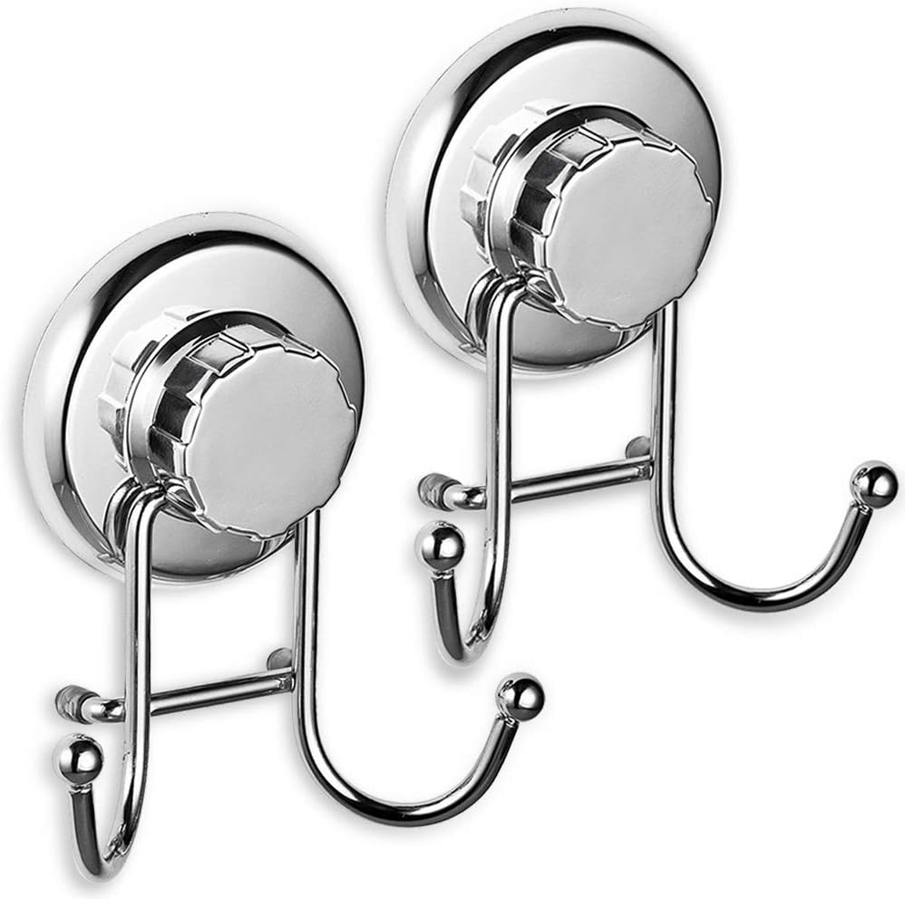 Powerful Vacuum Suction Cup Hooks - Organizer for Towel, Bathrobe and Loofah - Strong Stainless Steel Towel Hooks for Bathroom & Kitchen, Towel Hanger Storage (2 Pack)