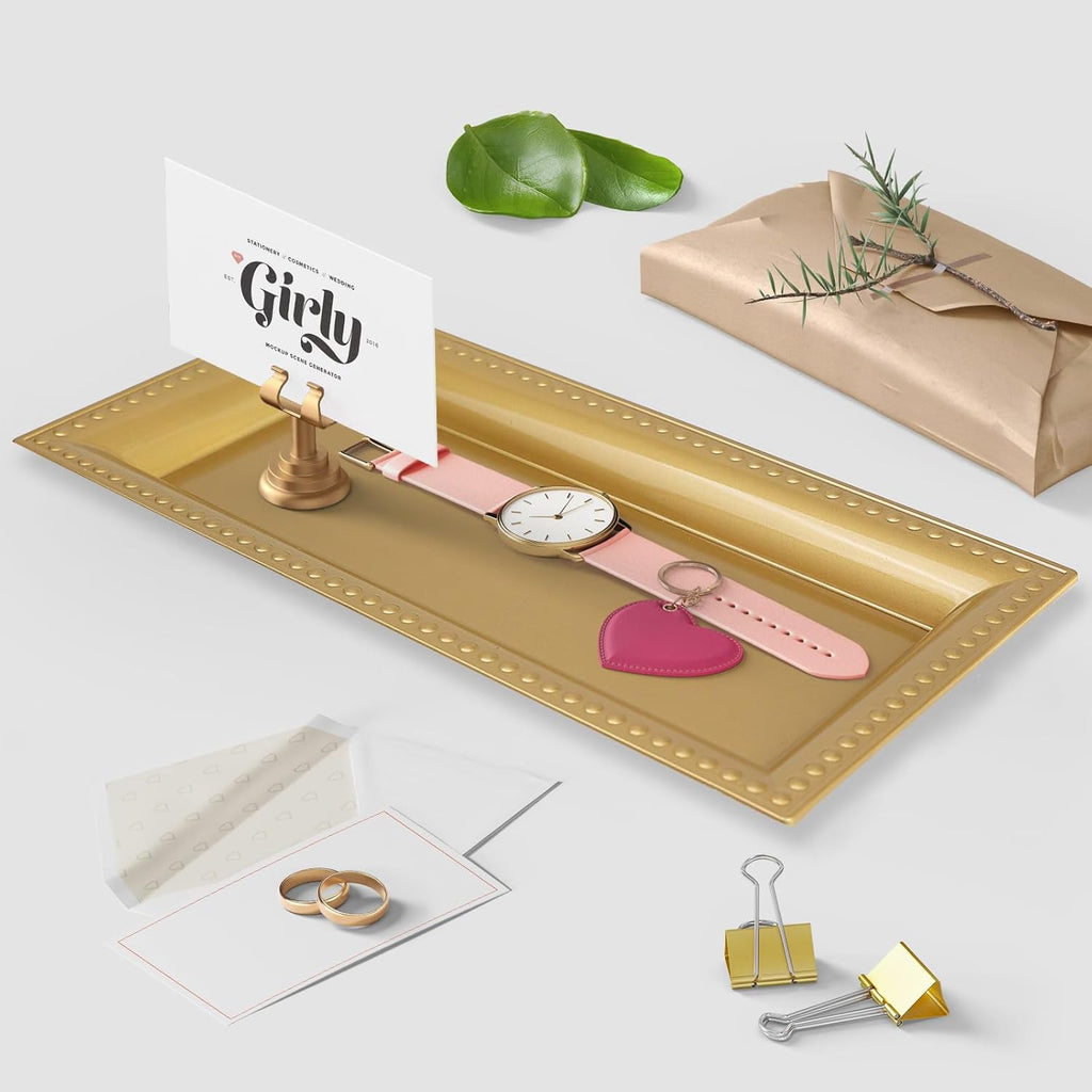 2 Pack Gold Bathroom Vanity Tray for Countertop with Beads, Small Plastic Toilet Tank Versatile Storage Organization Tray for Makeup, Perfume, Desk, Kitchen, Candles, 14"x7"x1", 36G