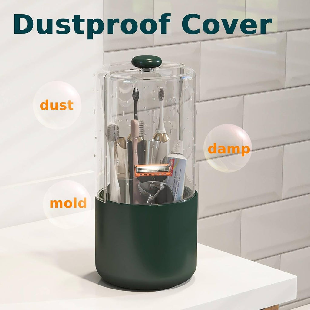 Toothbrush Holder with Cover 360 Rotating 4 Compartments Bathroom Toothpaste Electric Toothbrush Organizer, Dark Green