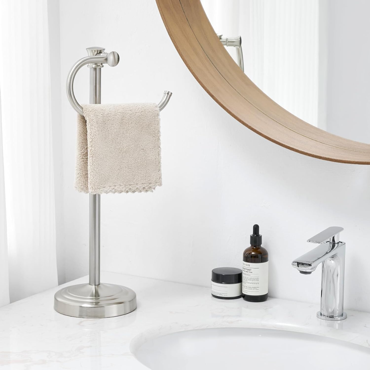BESy 17 Inch Brushed Nickel Stand Towel Bar Hanger Hand Towel Bar Bathroom Vanity Countertop Towel Holder Free Standing Stainless Steel Towel Ring Hardware Accessories Towel Rack