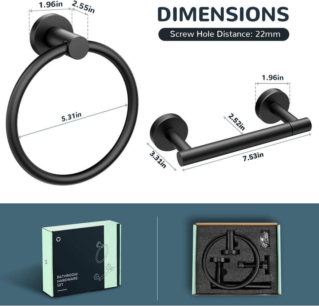 FORIOUS Matte Black Toilet Paper Holder Wall Mount, SUS304 Stainless Steel Double Post Pivoting Tissue Roll Holder and Hand Towel Ring Set for Bathroom, RV, Bathroom Hardware Accessories Set