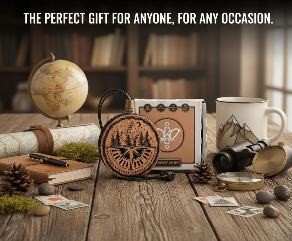 Wood Car Air Freshener — Compass Mountains — Handmade Unscented DIY Essential Oil Hanging Diffuser with Felt Insert — Add Your Own Oils — Refillable — Car/Truck/SUV — Cardboard Box