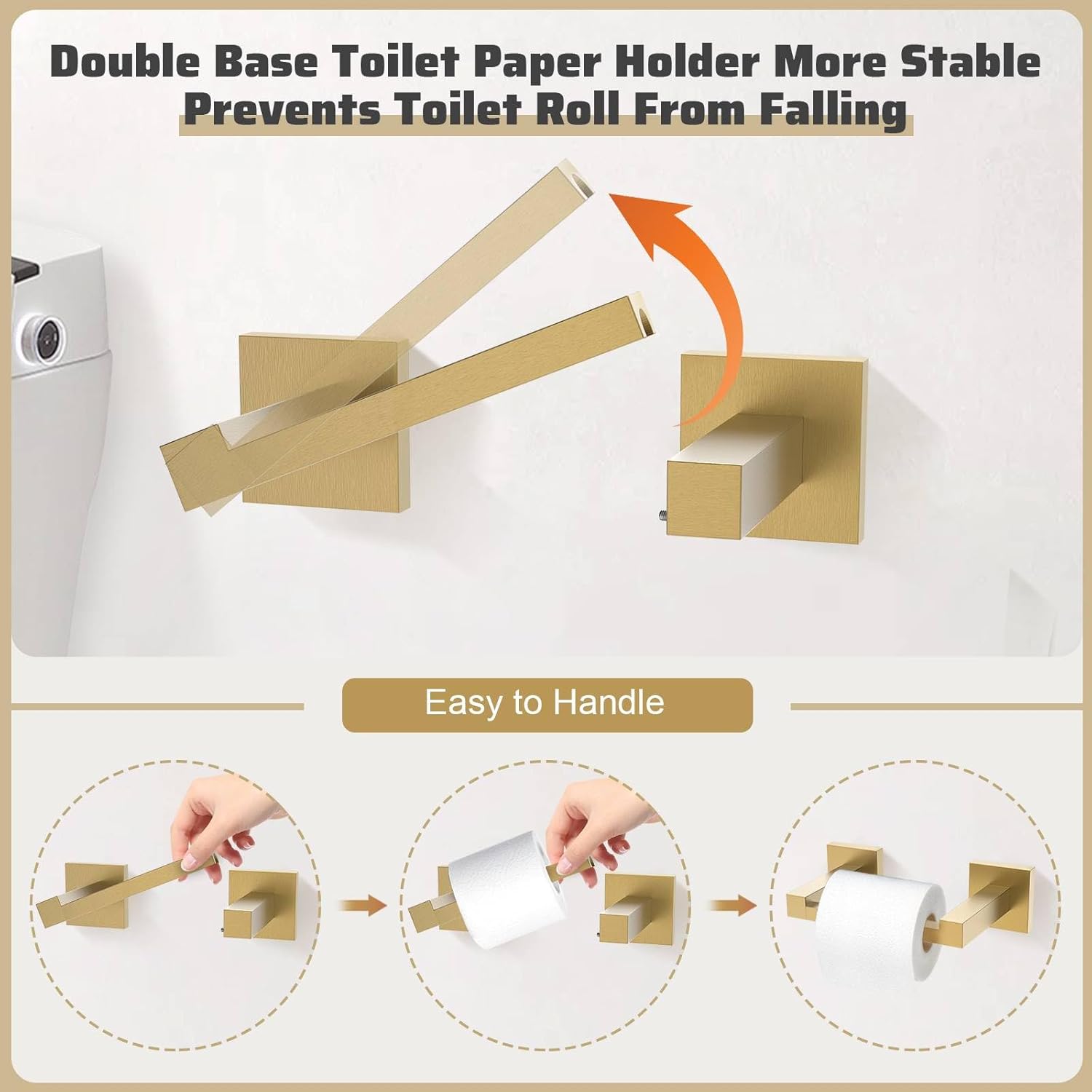 TNOMS 5-Piece Towel Bar Set Brushed Gold Bathroom Hardware Accessories Set Includes Upgraded Double Base Toilet Paper Holder,Modern Square Towel Holder Set Stainless Steel Wall Mount 23.6 Inch