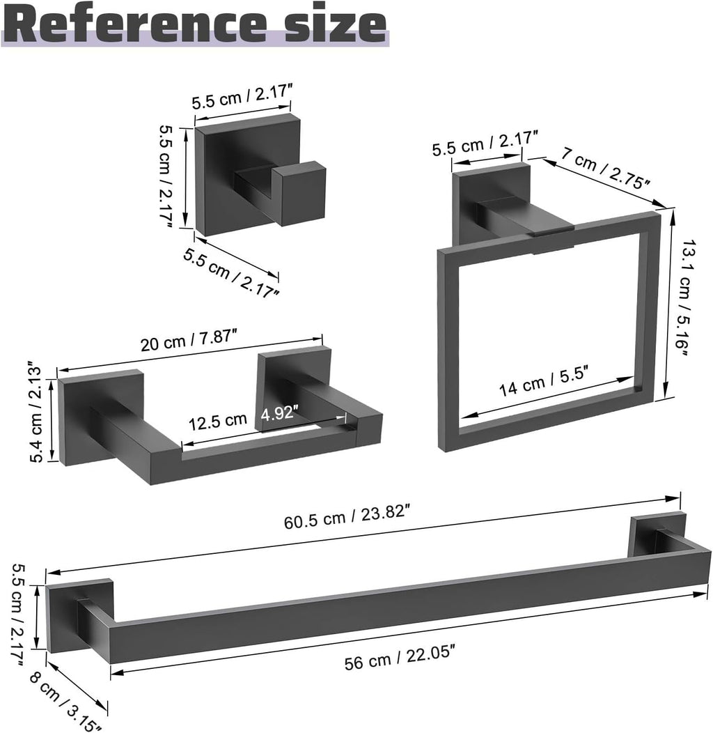 TNOMS Matte Black Towel Bar Set 5-Piece Bathroom Hardware Accessories Set,23.6 Inch Modern Towel Holder Set SUS304 Stainless Steel Towel Rack Set for Bathroom,Wall-Mounted