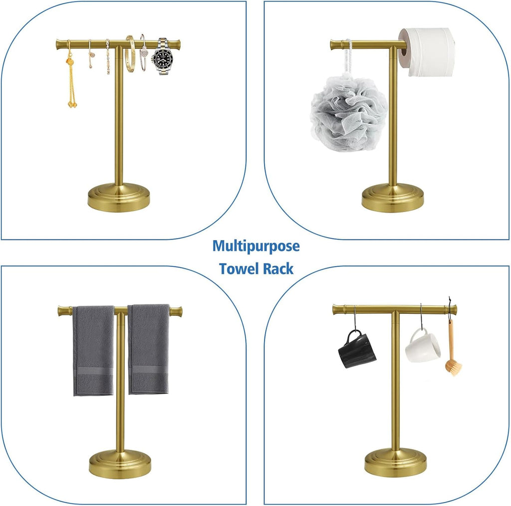 RUMOSE 13 Inch Brushed Gold Towel Stand Hand Towel Holder Bathroom Kitchen Vanity Countertop T-Shape Towel Rack Free Standing Stainless Steel Towel Bar Towel Ring