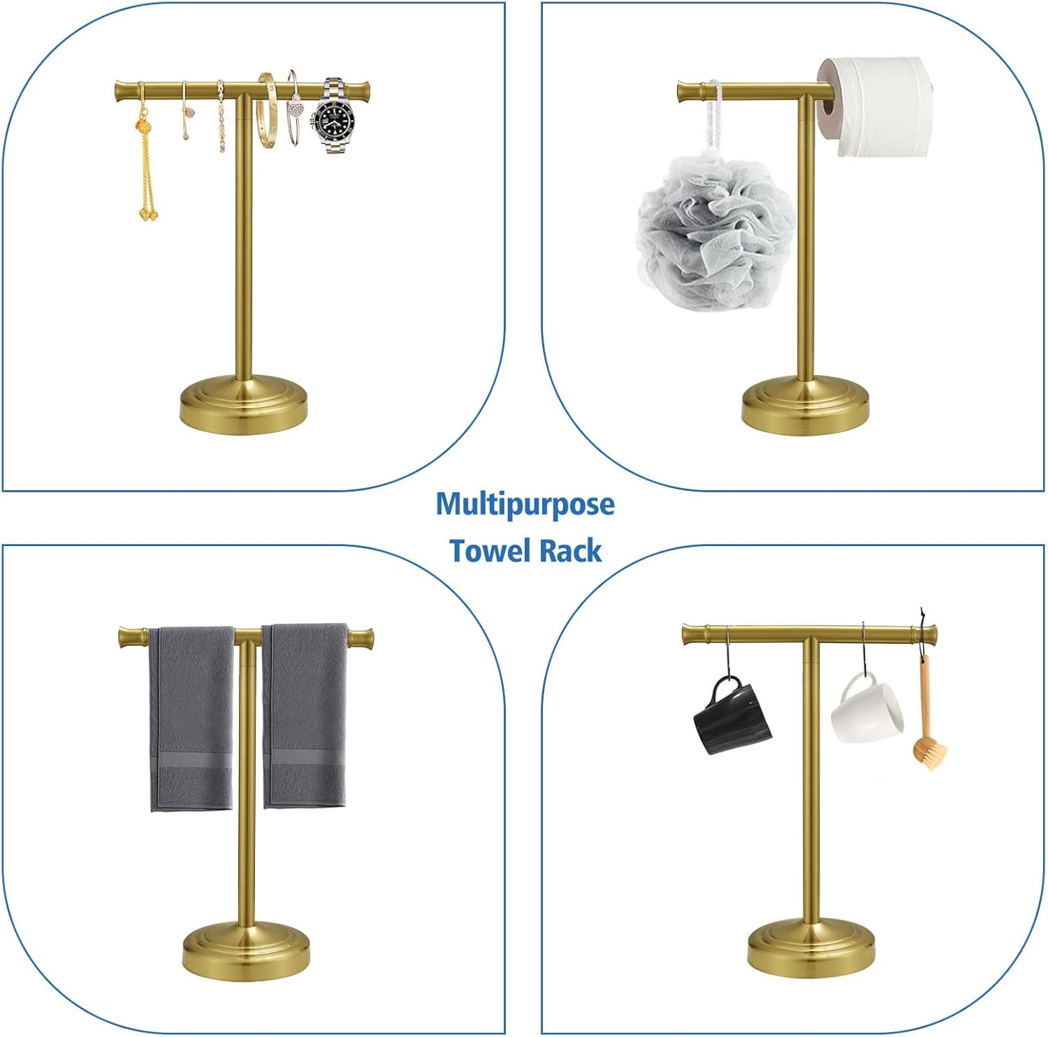 RUMOSE 13 Inch Brushed Gold Towel Stand Hand Towel Holder Bathroom Kitchen Vanity Countertop T-Shape Towel Rack Free Standing Stainless Steel Towel Bar Towel Ring