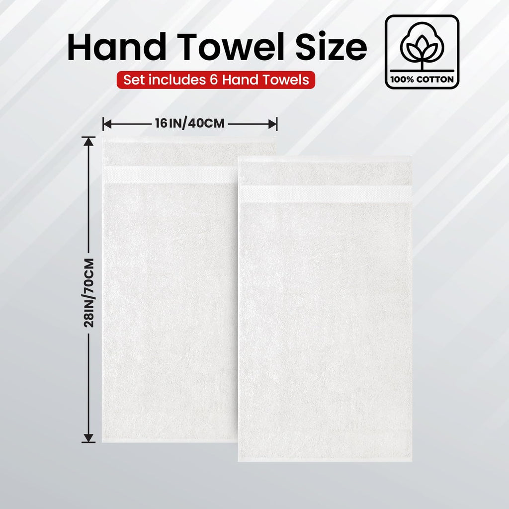 Infinitee Xclusives White Hand Towels for Bathroom - Set of 6 (16x28 inches) 600 GSM, 100% Cotton Ultra Soft, Quick Drying, Hotel Quality Hand Towel Set (Brilliant White, Hand Towels)