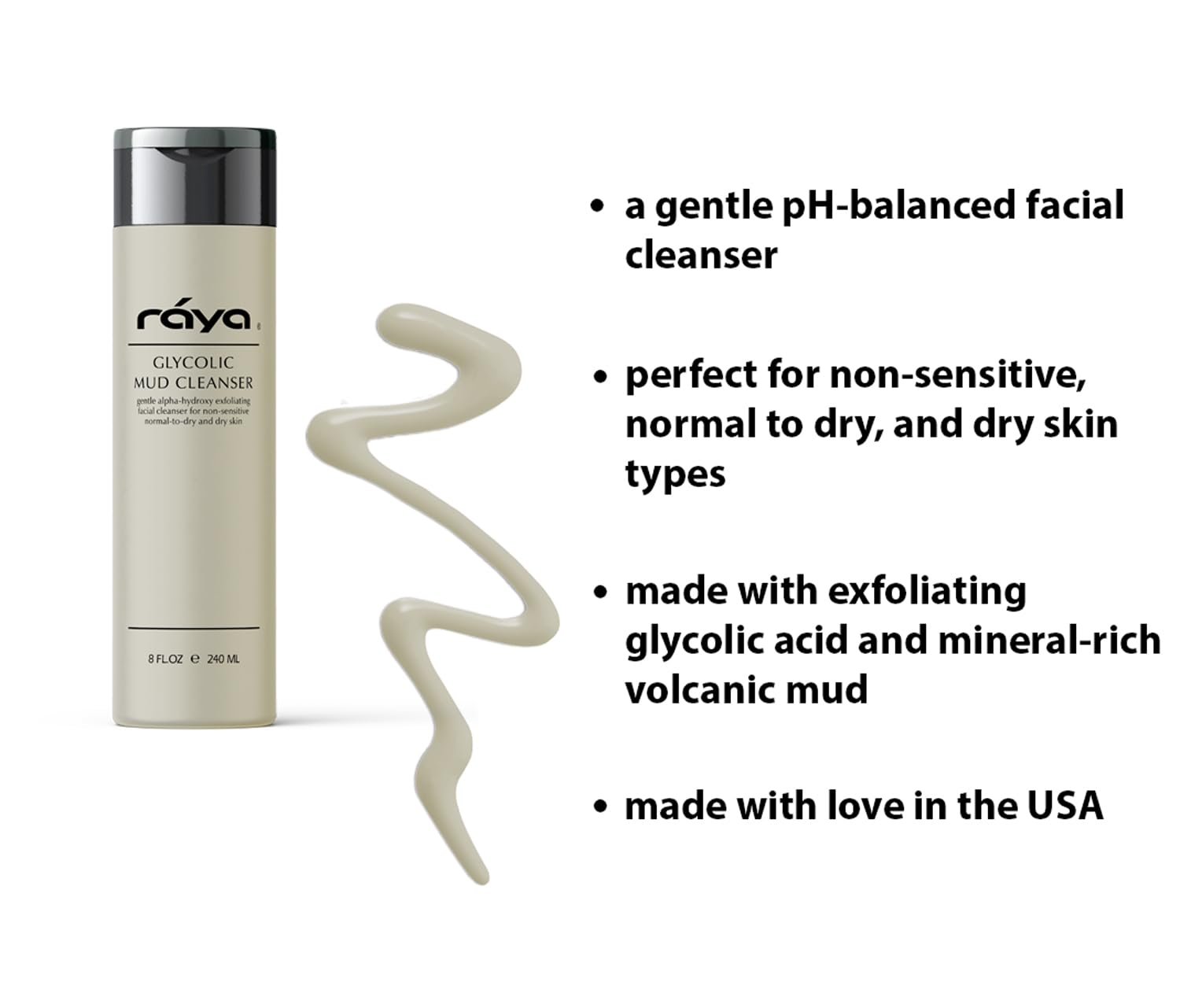 Raya Glycolic Mud Facial Cleanser with AHA 8 oz (G-103) | Exfoliating pH Balanced Facial Cleansing Fluid for Non Sensitive, Dry and Combination Skin | Made with Alpha Hydroxy Acid and Volcanic Mud