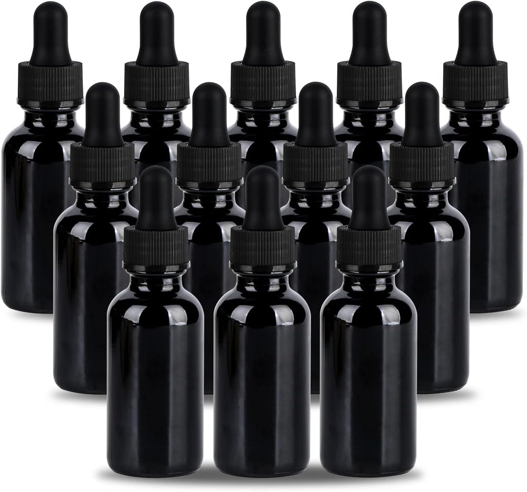 1 oz UV Resistant Dropper Bottle 12 Pack Black Glass Boston Bottles 30ml with Eye Droppers Black Caps for Essential Oils, Perfume, Leak Proof Travel Bottles for Liquids