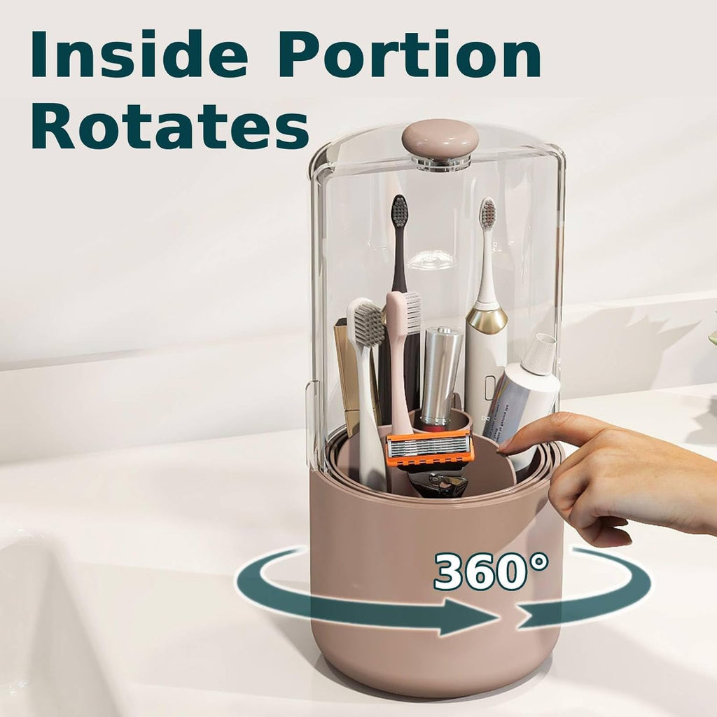 Toothbrush Holder with Cover 360 Rotating 4 Compartments Bathroom Toothpaste Electric Toothbrush Organizer, Pink