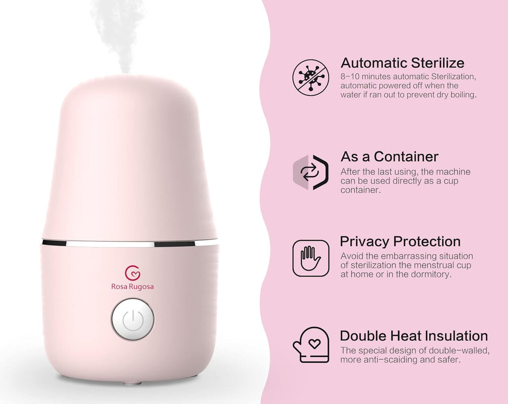 ROSA RUGOSA Menstrual Cup Sterilizer, Steamer Cleaner 3-in-1 for Cleans, Dries, and Stores Your Period Cup- Auto Shut-Off- Leak-Free - Eliminates up to 99.9%