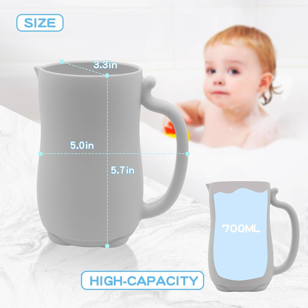 Mandoo Baby Bath Rinse Cup - Food Grade Silicone Shampoo & Body Washing Rinser for Kids With Easy Grip Handle - Baby Essentials (Light Gray)