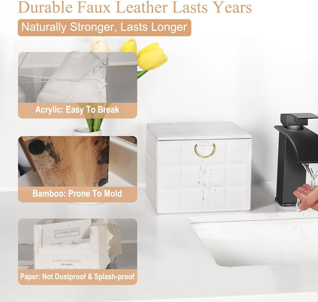 Disposable Face Towel Holder Box, White PU Leather Container for XL Clean Skin Club Face Towels, Reusable Organizer for Clean Skin Towel Makeup Wipe Holder Counter Bathroom Organizers and Storage