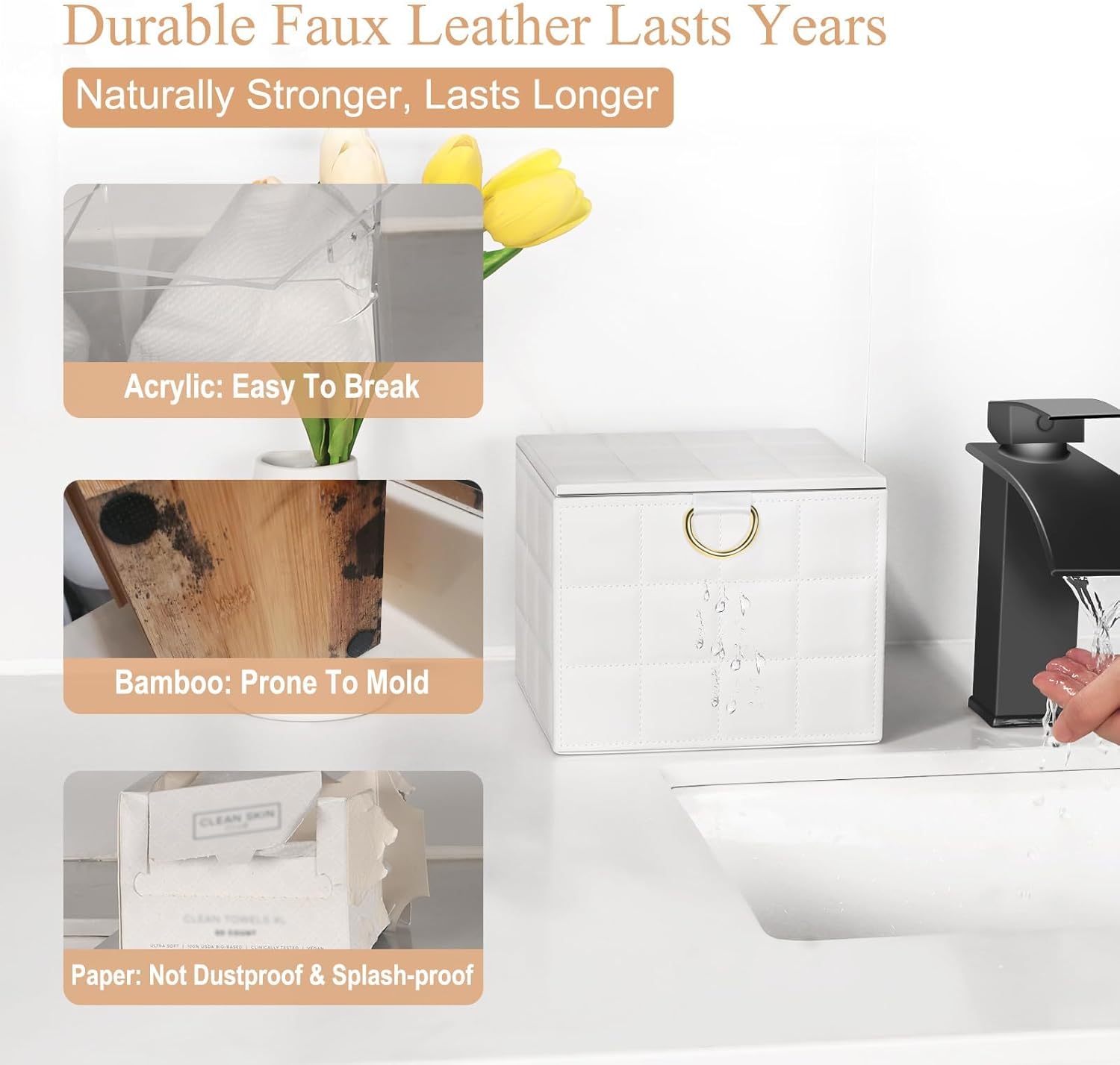 Disposable Face Towel Holder Box, White PU Leather Container for XL Clean Skin Club Face Towels, Reusable Organizer for Clean Skin Towel Makeup Wipe Holder Counter Bathroom Organizers and Storage