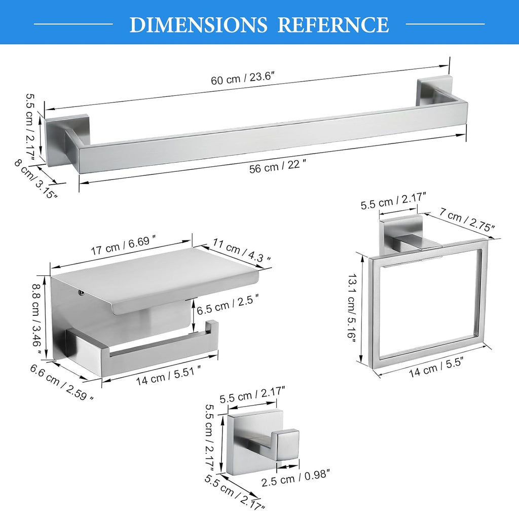 Brushed Nickel Bathroom Towel Bar Set Bathroom Accessories Hardware Set Including Double Towel Bar Towel Ring Coat Hook and Toilet Paper Holder with Shelf. Wall Mounted Stainless Steel