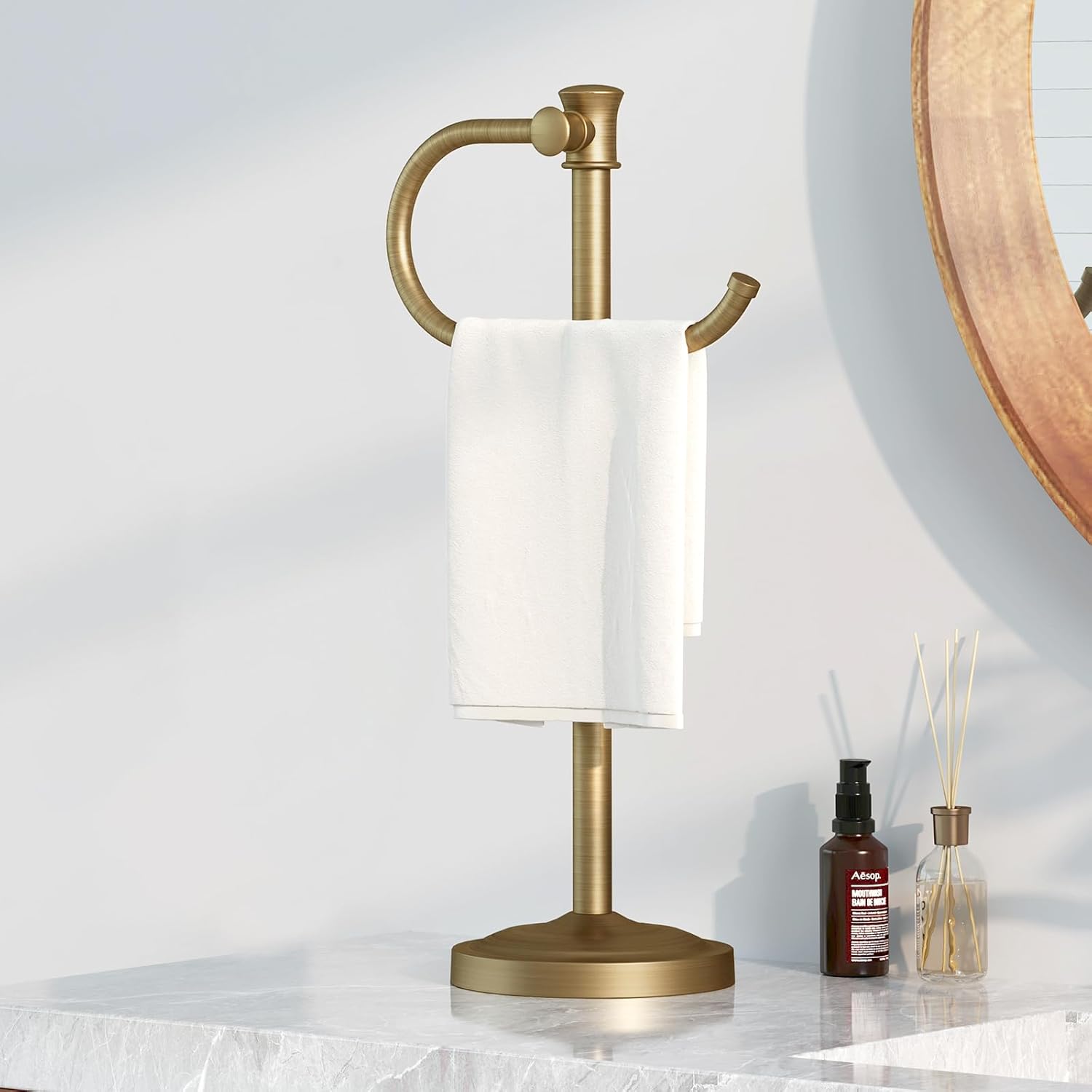 BESy 17 Inch Antique Brass Stand Towel Bar Hanger Hand Towel Bar Bathroom Vanity Countertop Towel Holder Free Standing Stainless Steel Towel Ring Hardware Accessories Towel Rack