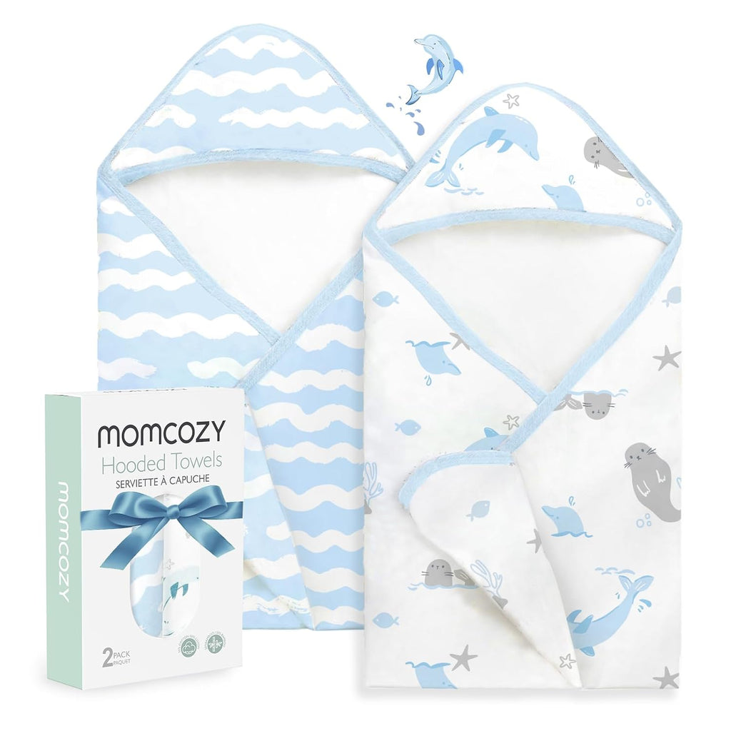 Momcozy Baby Towel with Hooded-Original Design Baby Towel Set -Soft & Absorbent- Shower Gifts or Bath Essential for Infant, Newborn, Toddler, Marine Sea Whale Seal Waves Magic