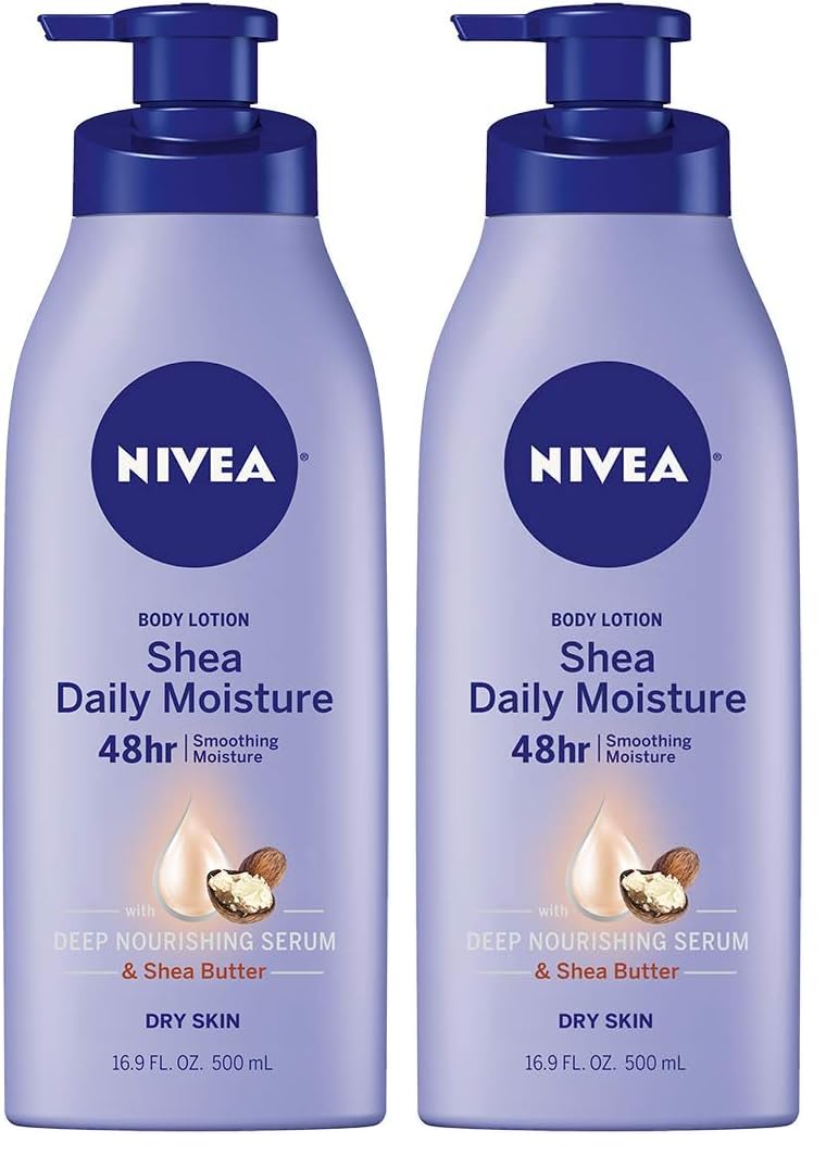 NIVEA Shea Nourish Body Lotion for Dry Skin with Hyaluronic Acid, Shea Butter and Deep Nourishing Serum, 48-Hour Body Moisturizer, 16.9 Fl Oz Pump Bottle (Pack of 2)