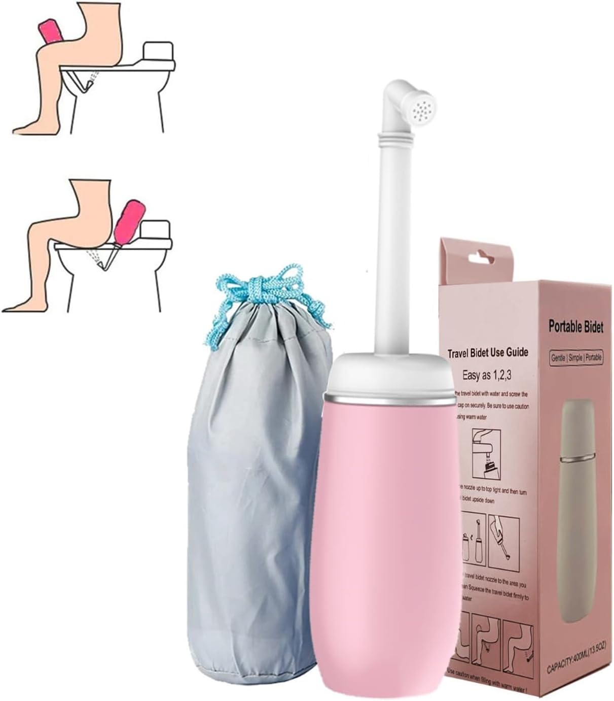 Portable Bidet for Travel, 400ml Peri Bottle, Handheld Personal Hygiene Cleaner, Leakproof & Reusable Wash Bottle for Women & Men (Pink)