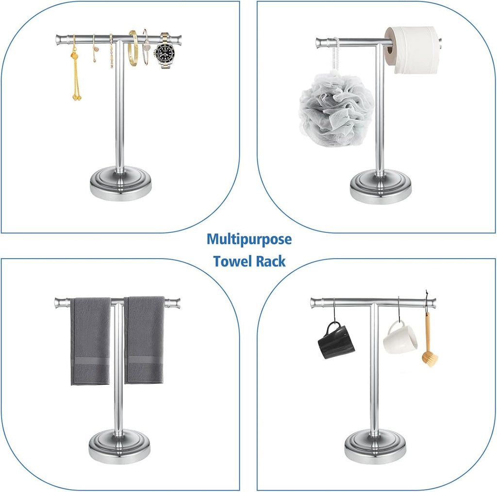 RUMOSE 13 Inch Polished Chrome Towel Stand Hand Towel Holder Bathroom Kitchen Vanity Countertop T-Shape Towel Rack Free Standing Stainless Steel Towel Bar Towel Ring