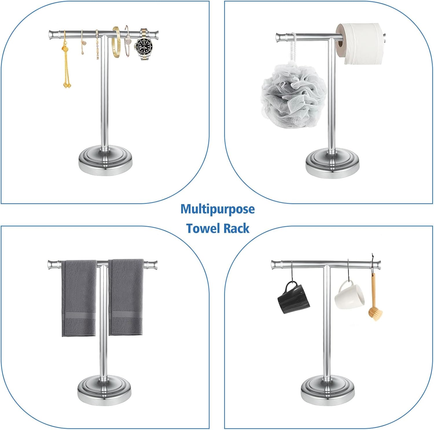 RUMOSE 13 Inch Polished Chrome Towel Stand Hand Towel Holder Bathroom Kitchen Vanity Countertop T-Shape Towel Rack Free Standing Stainless Steel Towel Bar Towel Ring