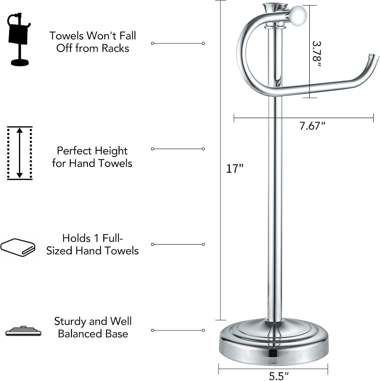 BESy 17 Inch Polished Chrome Stand Towel Bar Hanger Hand Towel Bar Bathroom Vanity Countertop Towel Holder Free Standing Stainless Steel Towel Ring Hardware Accessories Towel Rack