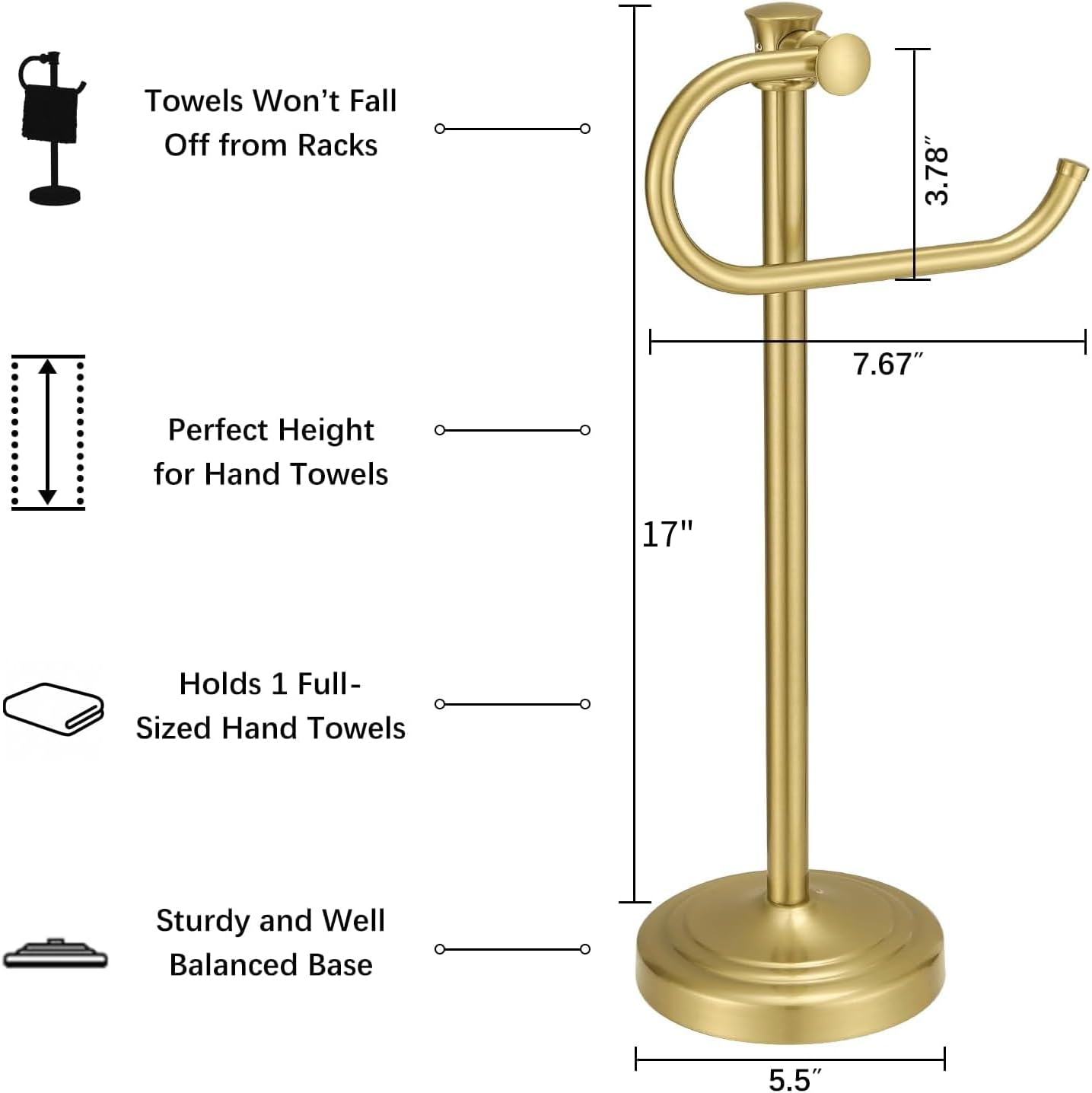 BESy 17 Inch Brushed Gold Stand Towel Bar Hanger Hand Towel Bar Bathroom Vanity Countertop Towel Holder Free Standing Stainless Steel Towel Ring Hardware Accessories Towel Rack