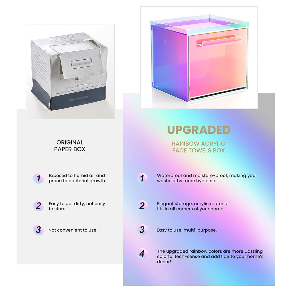 Rainbow Disposable Facial Towels Storage Box Acrylic Container Compatible with Clean Skin Club Clean Towel XL Wall-Mounted Face Towel Organizer with Drawer(Excluding Facial Towels)
