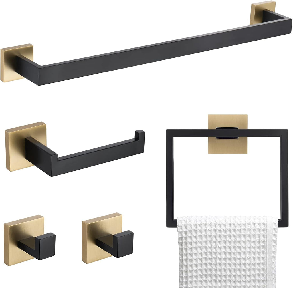 TNOMS 5 Pieces Bathroom Hardware Accessories Set Black and Gold Towel Bar Set,Wall Mounted Stainless Steel,23.6 Inch