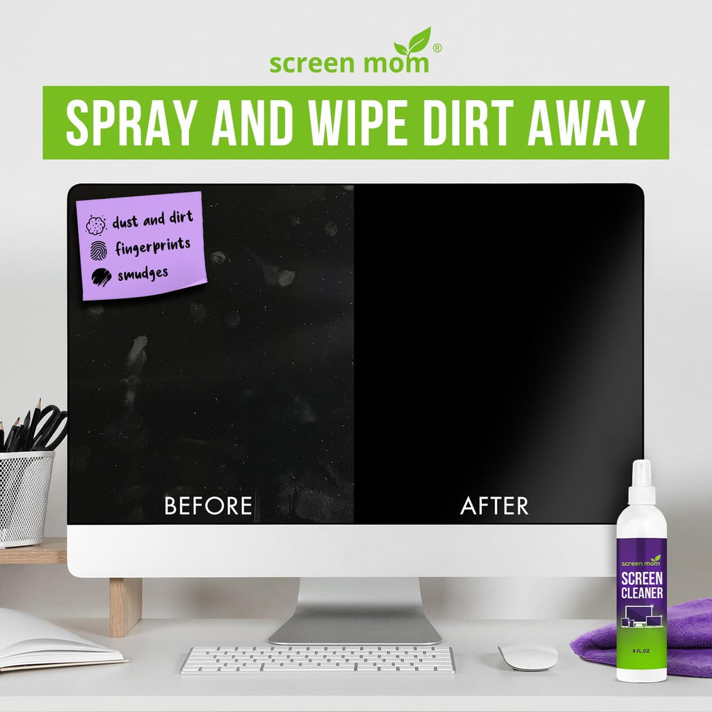 Screen Mom Cleaner Spray and Microfiber Cloth 8oz, Streak-Free Car Screen Cleaner Spray and Wipe for TV, Computer, Car, Phone, iPad, MacBook Laptop Cleaning Kit Electronic Devices Phone Cleaners