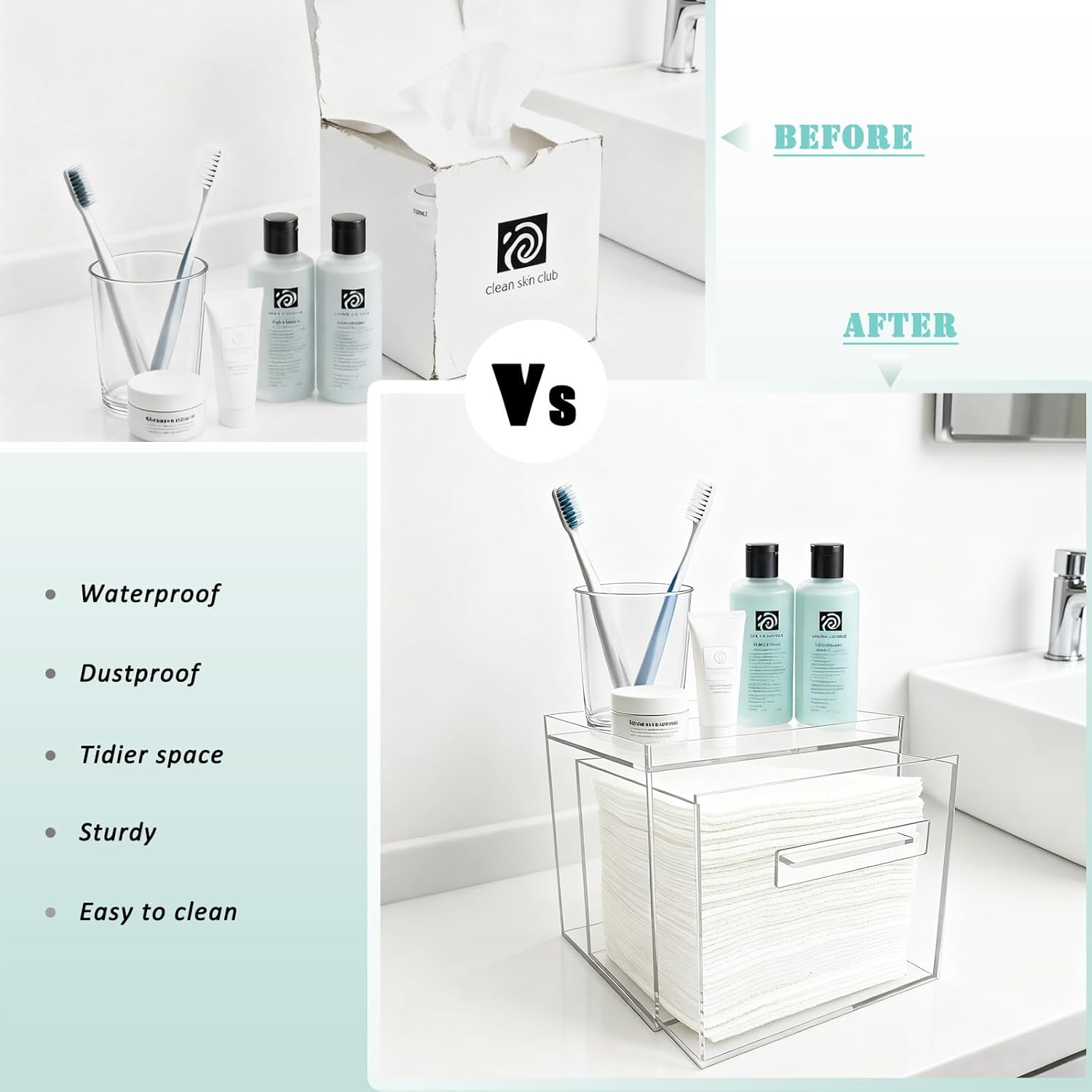 Disposable Facial Towel Holder, Acrylic Container Compatible with Clean Skin Club Towel XL, Clear Storage Box for Bathroom and Vanity Countertop
